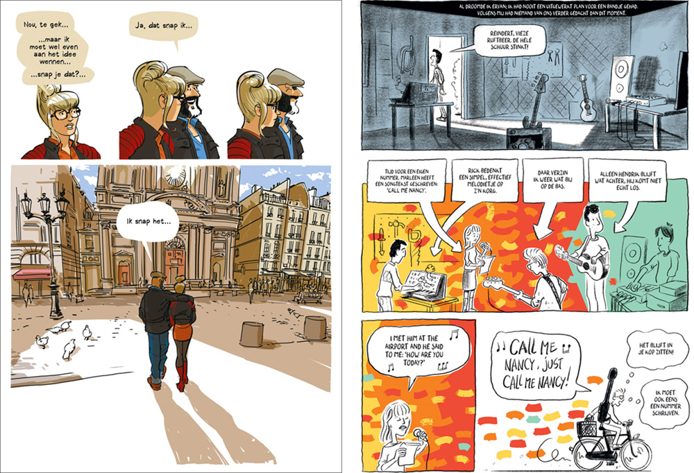 Links: fragment uit Jaar Nul door Frenk Meeuwsen. Rechts:
fragment uit Hoe noemen we de band door Roel Venderbosch.